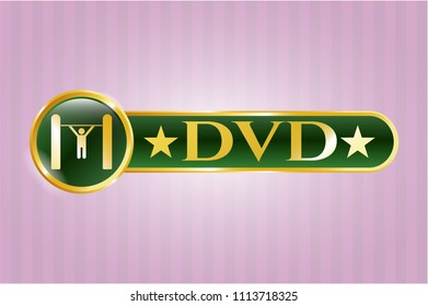   Gold emblem or badge with pull up icon and DVD text inside