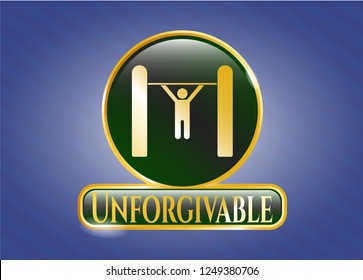  Gold emblem or badge with pull up icon and Unforgivable text inside