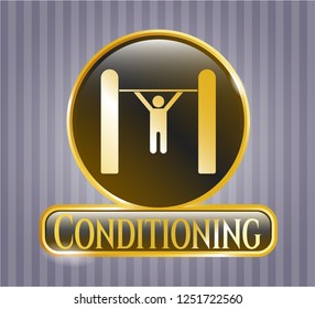  Gold emblem or badge with pull up icon and Conditioning text inside