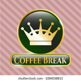   Gold emblem or badge with queen crown icon and Coffee Break text inside