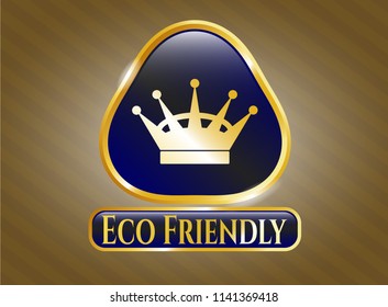   Gold emblem or badge with queen crown icon and Eco Friendly text inside