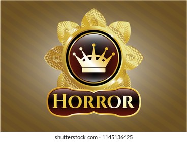  Gold emblem or badge with queen crown icon and Horror text inside