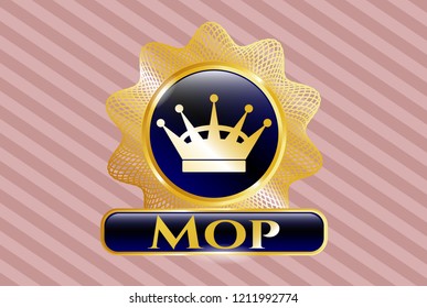  Gold emblem or badge with queen crown icon and Mop text inside