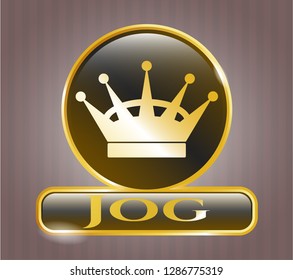  Gold emblem or badge with queen crown icon and Jog text inside