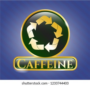  Gold emblem or badge with recycle icon and Caffeine text inside