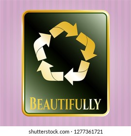  Gold emblem or badge with recycle icon and Beautifully text inside