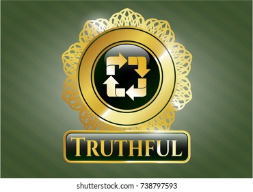  Gold emblem or badge with recycle icon and Truthful text inside