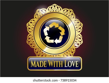  Gold emblem or badge with recycle icon and Made With Love text inside