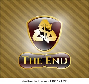  Gold emblem or badge with recycling business icon and The End text inside