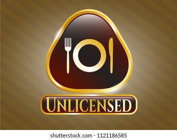  Gold emblem or badge with restaurant icon and Unlicensed text inside