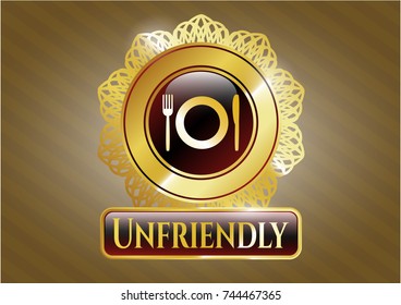  Gold emblem or badge with restaurant icon and Unfriendly text inside