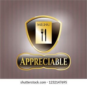  Gold emblem or badge with restaurant menu icon and Appreciable text inside