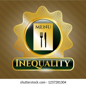  Gold emblem or badge with restaurant menu icon and Inequality text inside
