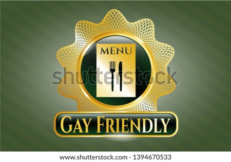  Gold emblem or badge with restaurant menu icon and Gay Friendly text inside