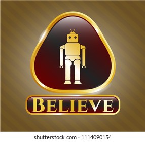   Gold emblem or badge with robot icon and Believe text inside