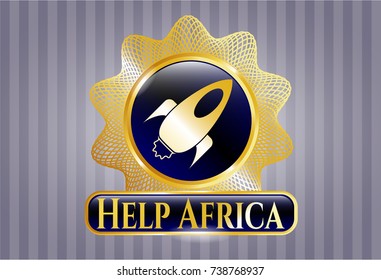  Gold emblem or badge with rocket icon and Help Africa text inside