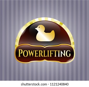  Gold emblem or badge with rubber duck icon and Powerlifting text inside