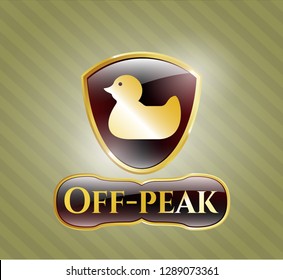  Gold emblem or badge with rubber duck icon and Off-peak text inside