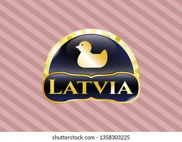  Gold emblem or badge with rubber duck icon and Latvia text inside