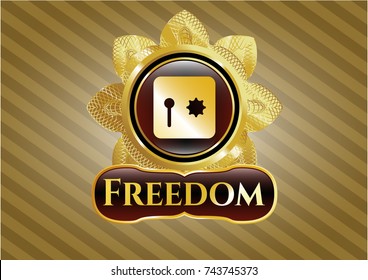  Gold emblem or badge with safe, safety deposit box icon and Freedom text inside