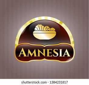  Gold emblem or badge with salad icon and Amnesia text inside