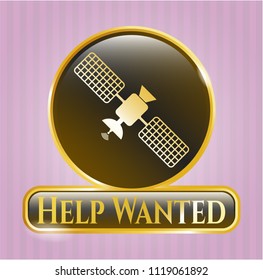  Gold emblem or badge with satelite icon and Help Wanted text inside