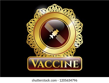  Gold emblem or badge with satelite icon and Vaccine text inside