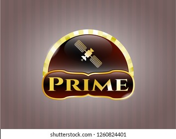  Gold emblem or badge with satelite icon and Prime text inside