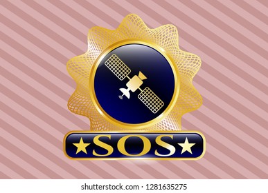  Gold emblem or badge with satelite icon and SOS text inside