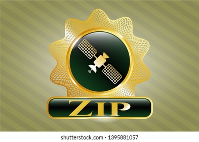  Gold emblem or badge with satelite icon and Zip  text inside