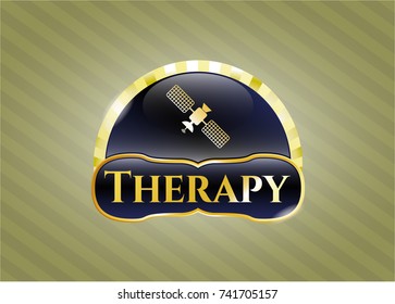  Gold emblem or badge with satelite icon and Therapy text inside