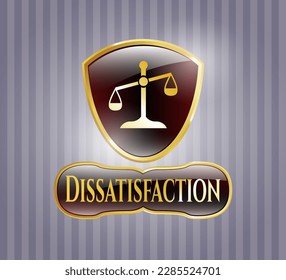 Emblema dorado o placa con icono de escala y texto de insatisfacción dentro