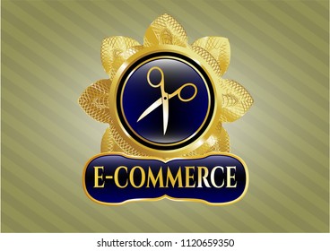  Gold emblem or badge with scissors icon and e-commerce text inside
