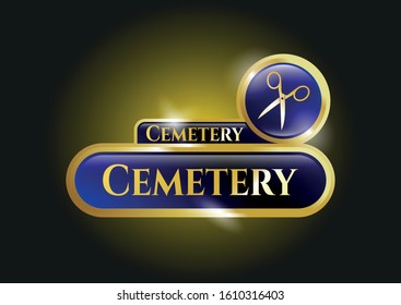  Gold emblem or badge with scissors icon and Cemetery text inside