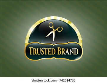  Gold emblem or badge with scissors icon and Trusted Brand text inside