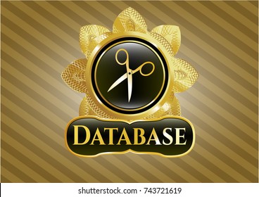  Gold emblem or badge with scissors icon and Database text inside