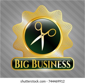 Gold emblem or badge with scissors icon and Big Business text inside