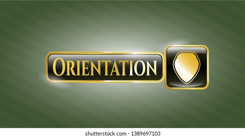  Gold emblem or badge with shield icon and Orientation text inside
