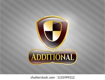  Gold emblem or badge with shield, safety icon and Additional text inside