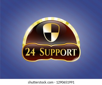  Gold emblem or badge with shield, safety icon and 24 Support text inside