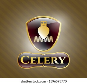  Gold emblem or badge with ship icon and Celery text inside