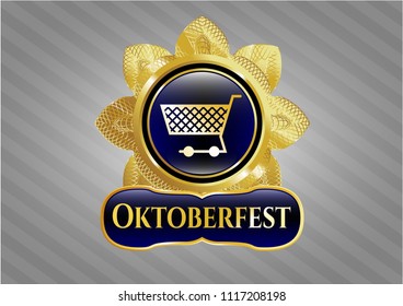  Gold emblem or badge with shopping cart icon and Oktoberfest text inside