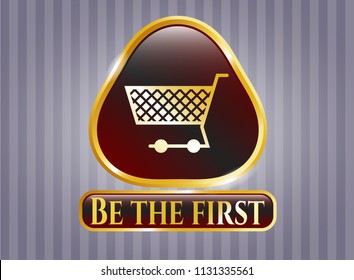  Gold emblem or badge with shopping cart icon and Be the first text inside