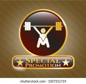  Gold emblem or badge with snatch, weightlifting icon and Special Promotion text inside