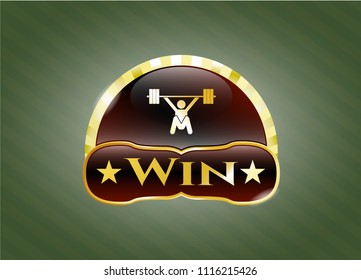  Gold emblem or badge with snatch, weightlifting icon and Win text inside
