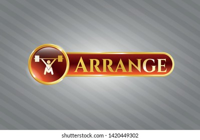  Gold emblem or badge with snatch, weightlifting icon and Arrange  text inside