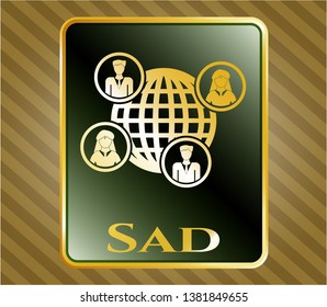  Gold emblem or badge with social network icon and Sad text inside