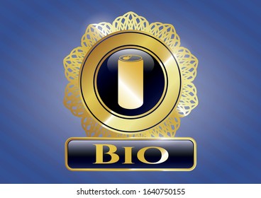  Gold emblem or badge with soda can icon and Bio text inside