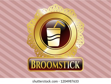  Gold emblem or badge with soda icon and Broomstick text inside