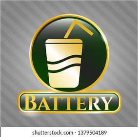  Gold emblem or badge with soda icon and Battery text inside